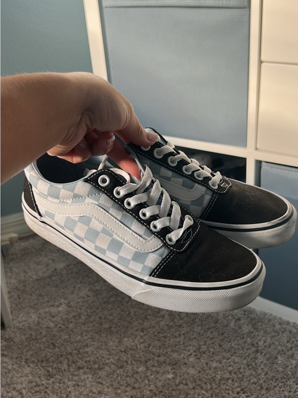 Vans Kids Checkerboard Low-Top Sneakers in Black & Light Blue